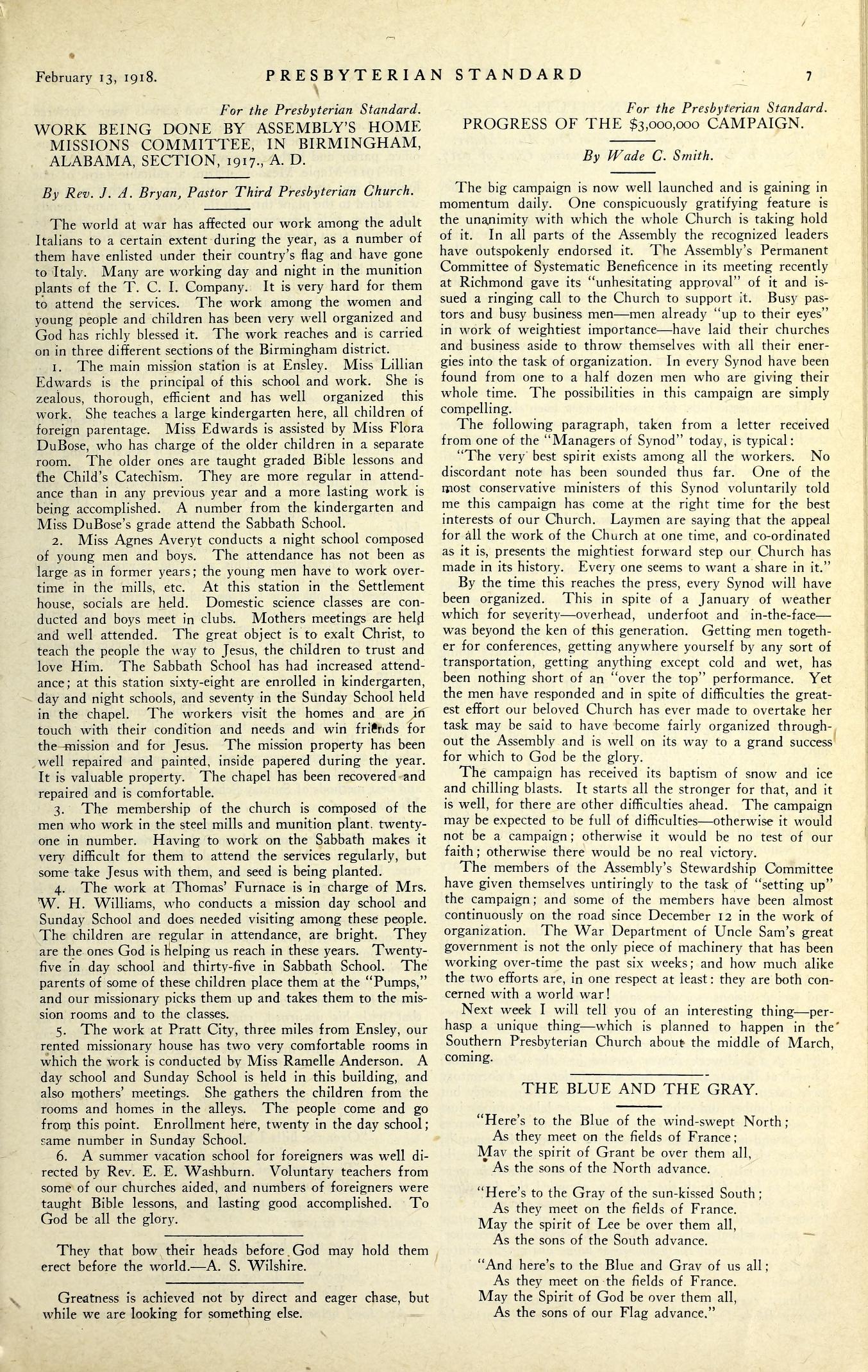 WORK BEING DONE BY ASSEMBLY'S HOME MISSIONS COMMITTEE IN BIRMINGHAM ALABAMA SECTION